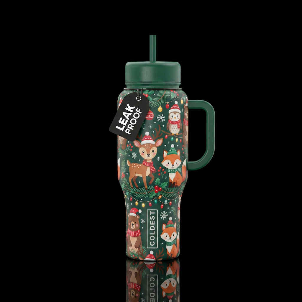 Woodland animals christmas cartoon water bottle design