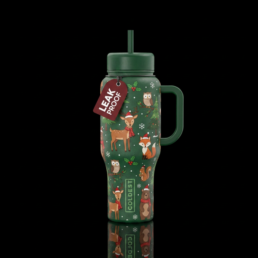 Woodland animals christmas cartoon water bottle design