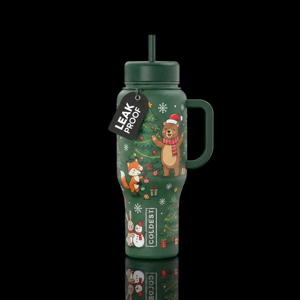 Woodland animals christmas cartoon water bottle design