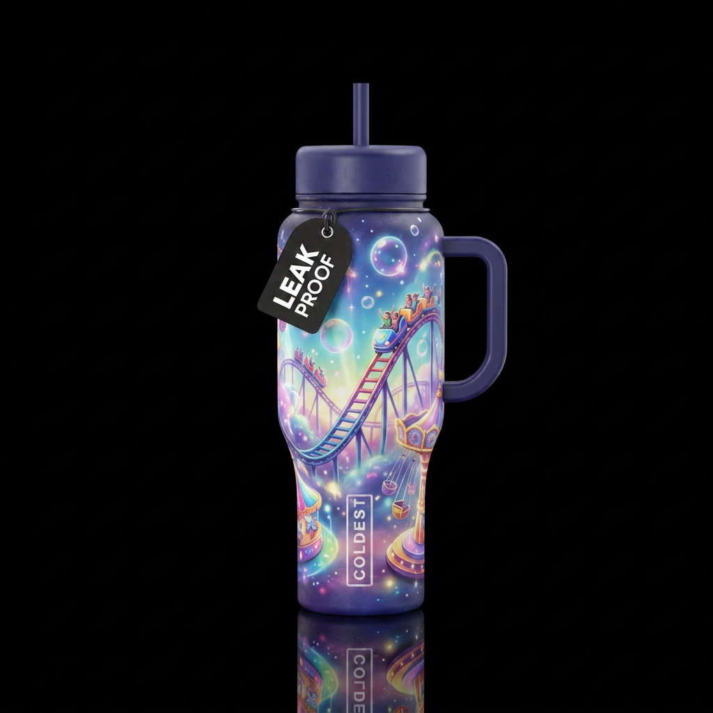 Roller coaster rides, amusement park, bubbles, dre... water bottle design