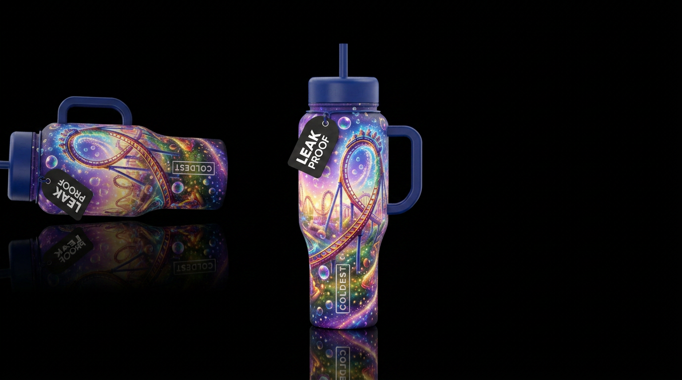 Roller coaster rides, amusement park, bubbles, dre... water bottle design