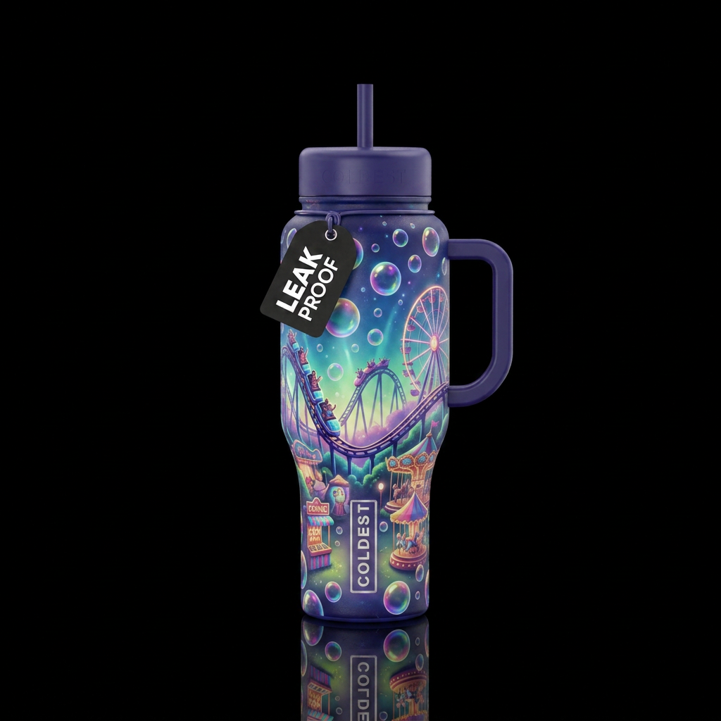 Roller coaster rides, amusement park, bubbles, dre... water bottle design