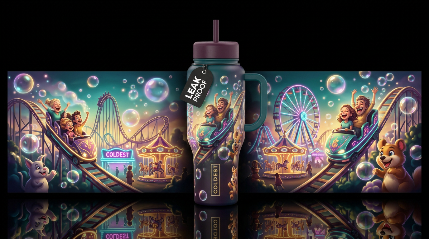 Roller coaster rides, amusement park, bubbles, dre... water bottle design
