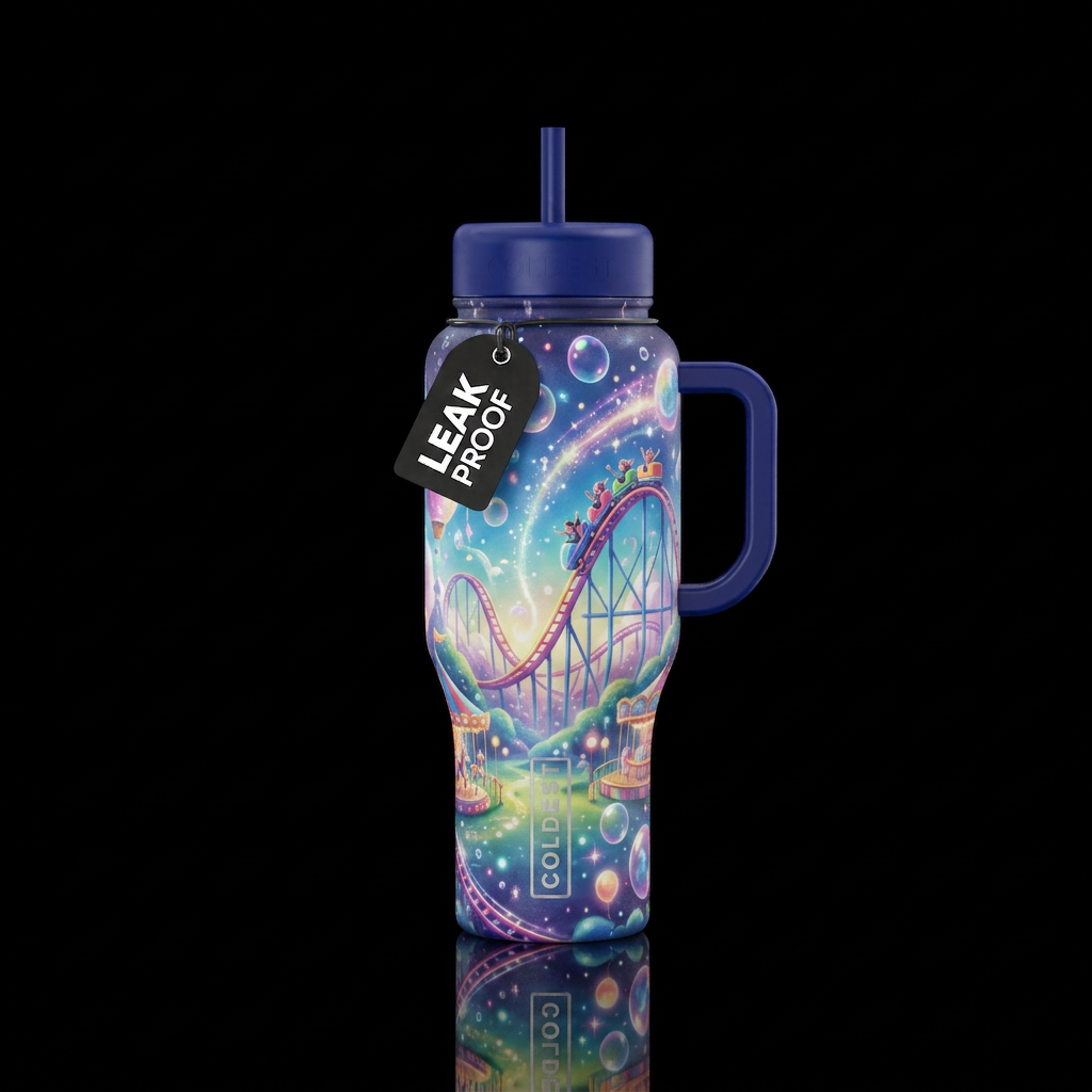 Roller coaster rides, amusement park, bubbles, dre... water bottle design