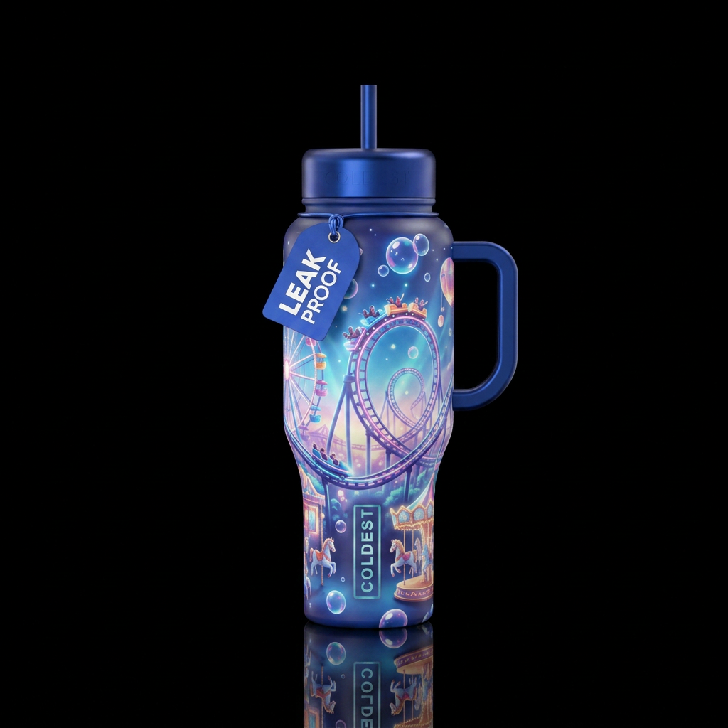 Roller coaster rides, amusement park, bubbles, dre... water bottle design