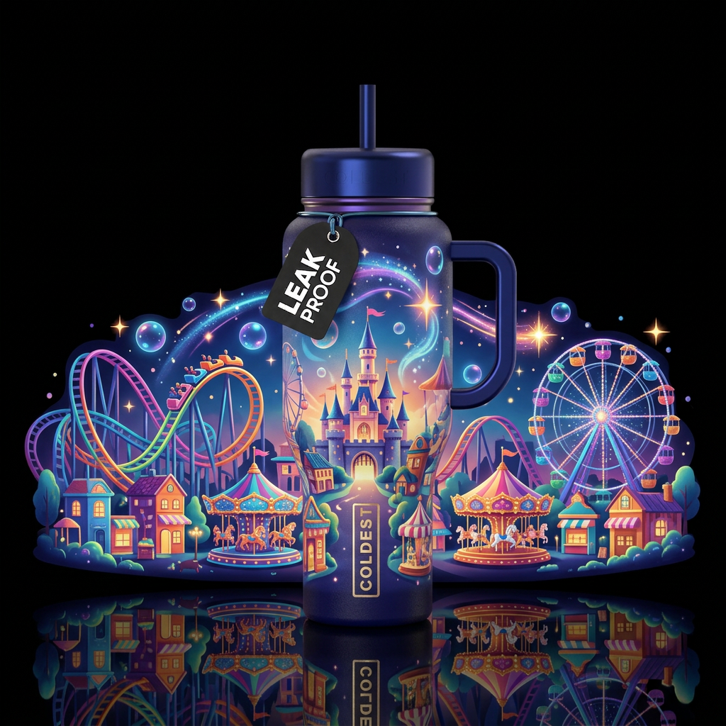 Roller coaster rides, amusement park, bubbles, dre... water bottle design