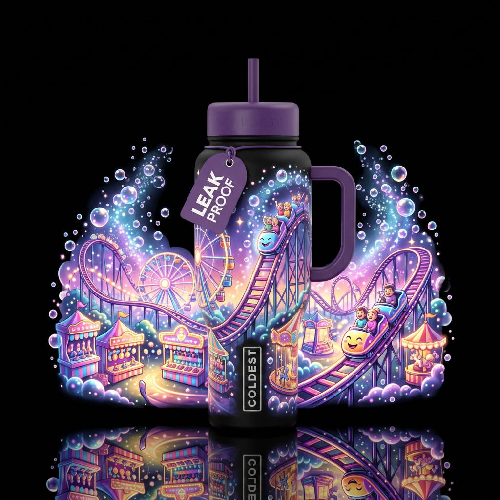 Roller coaster rides, amusement park, bubbles, dre... water bottle design