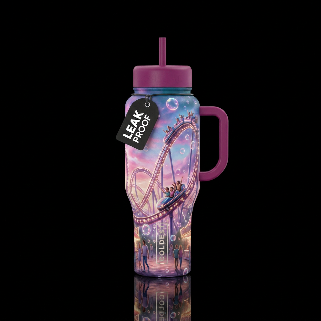 Roller coaster rides, amusement park, bubbles, dre... water bottle design