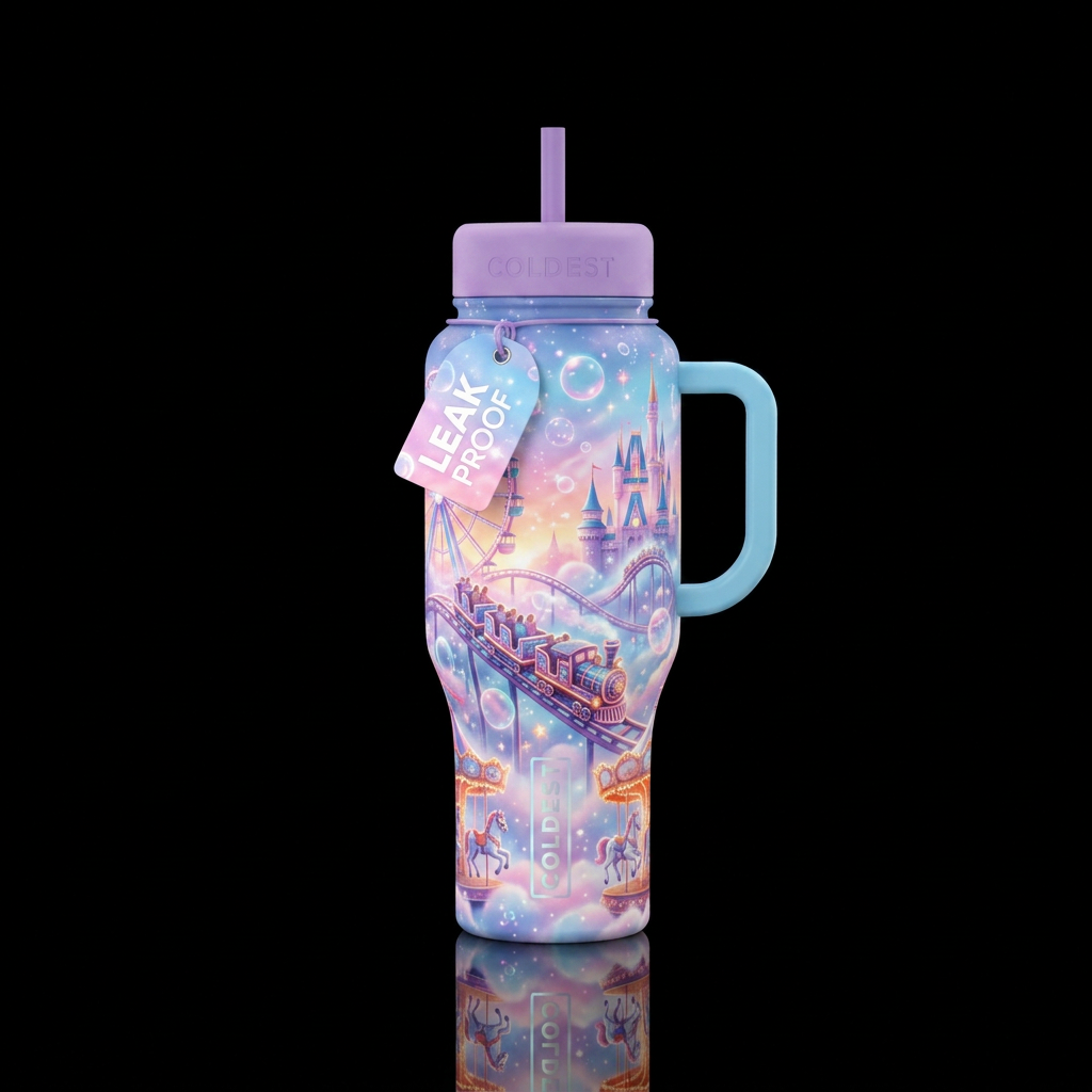 Roller coaster rides, amusement park, bubbles, dre... water bottle design