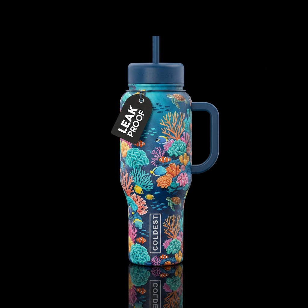 coral reef, blue water bottle design