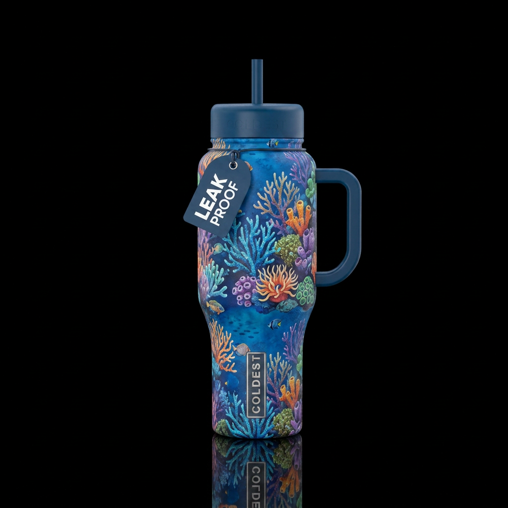 coral reef, blue water bottle design