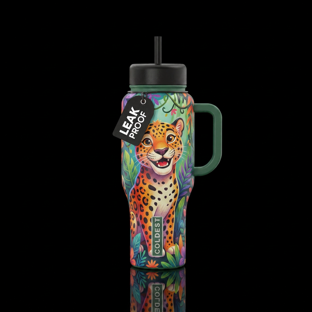 jaguar, funny, realism, cartoon, happy mood, beaut... water bottle design