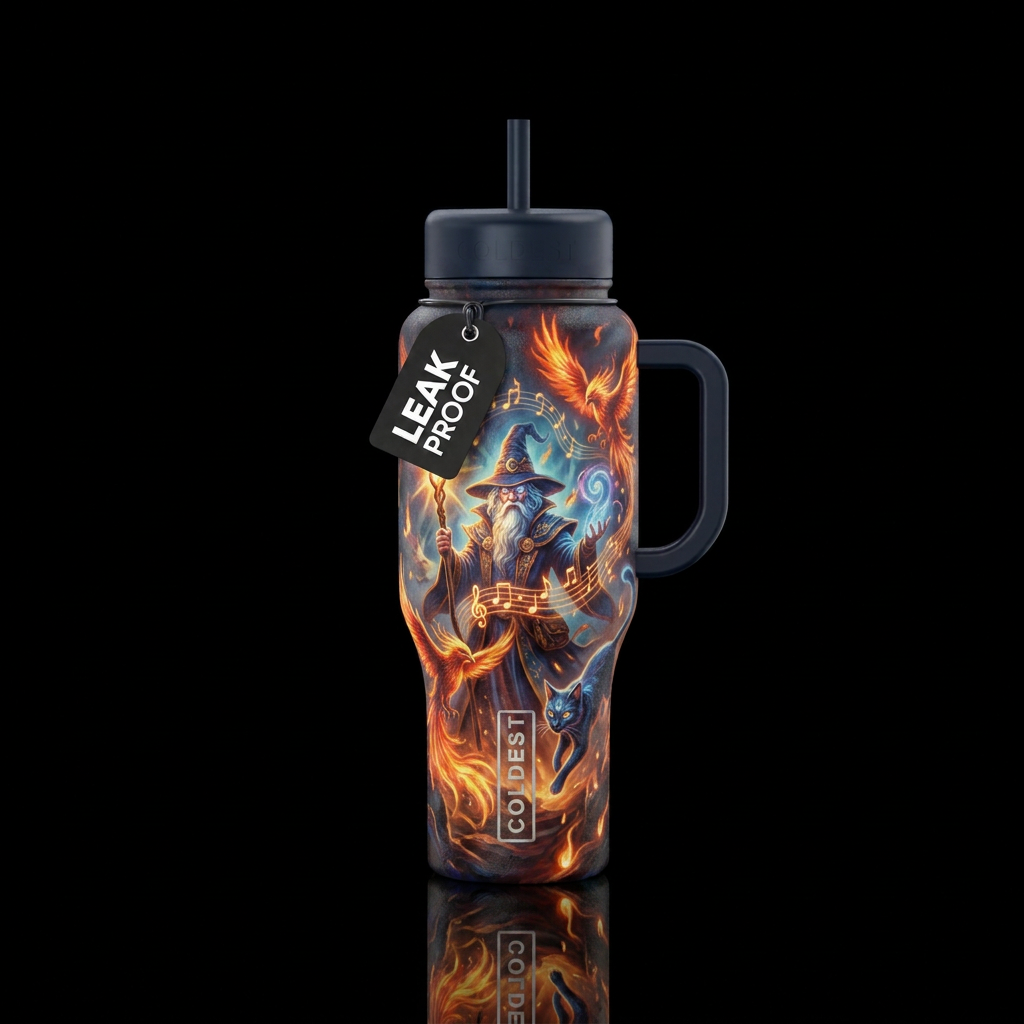 mythical, painted, magic, music, wizard, birds, ca... water bottle design
