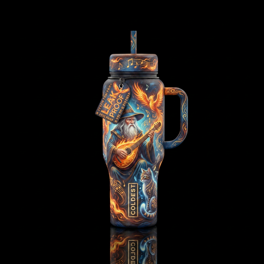 mythical, painted, magic, music, wizard, birds, ca... water bottle design