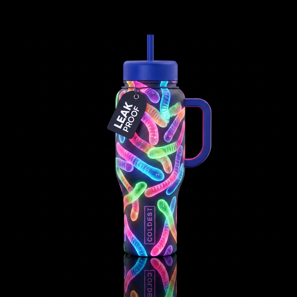 Gumny worms glowie water bottle design