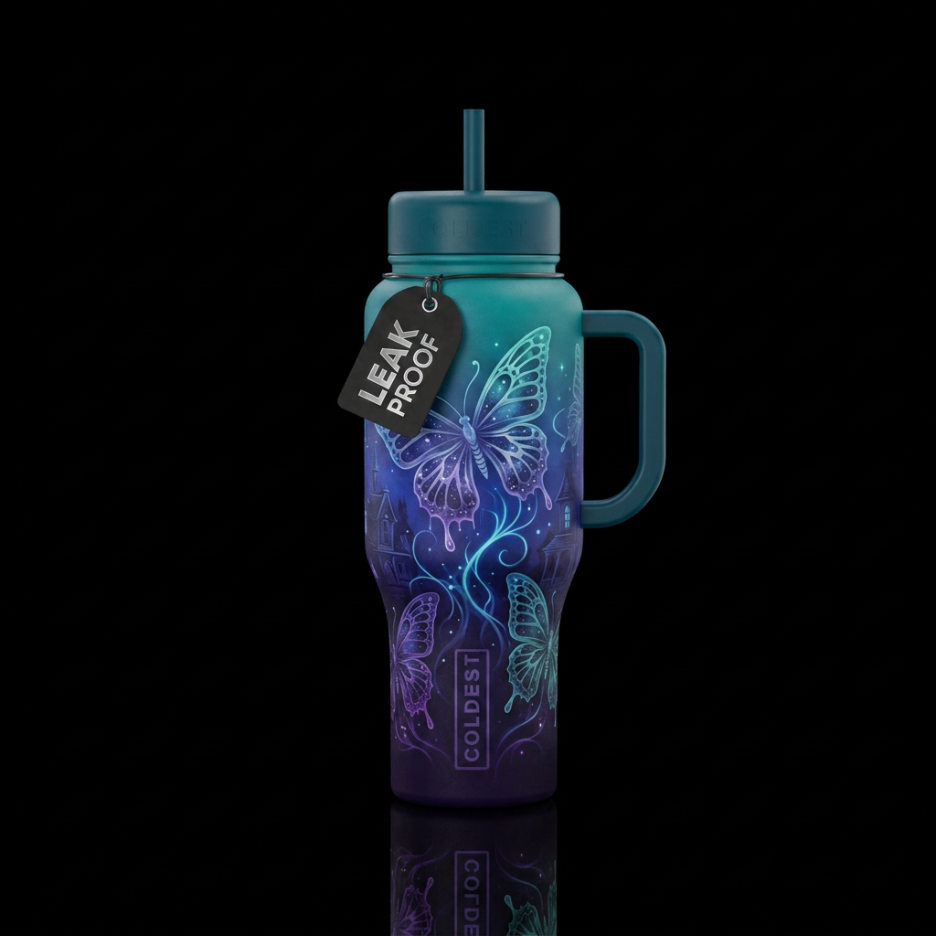 ombre, butterfly, haunted water bottle design