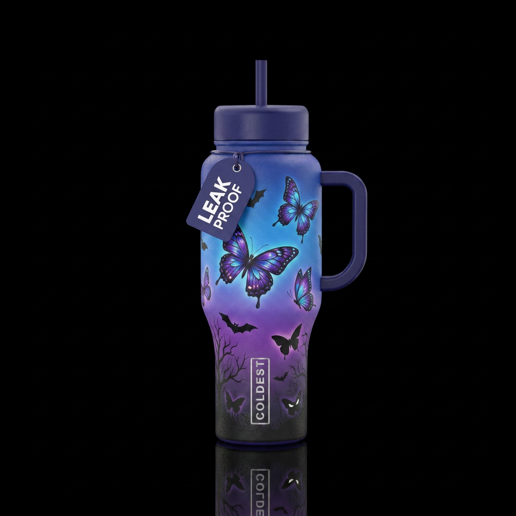 ombre, butterfly, haunted water bottle design