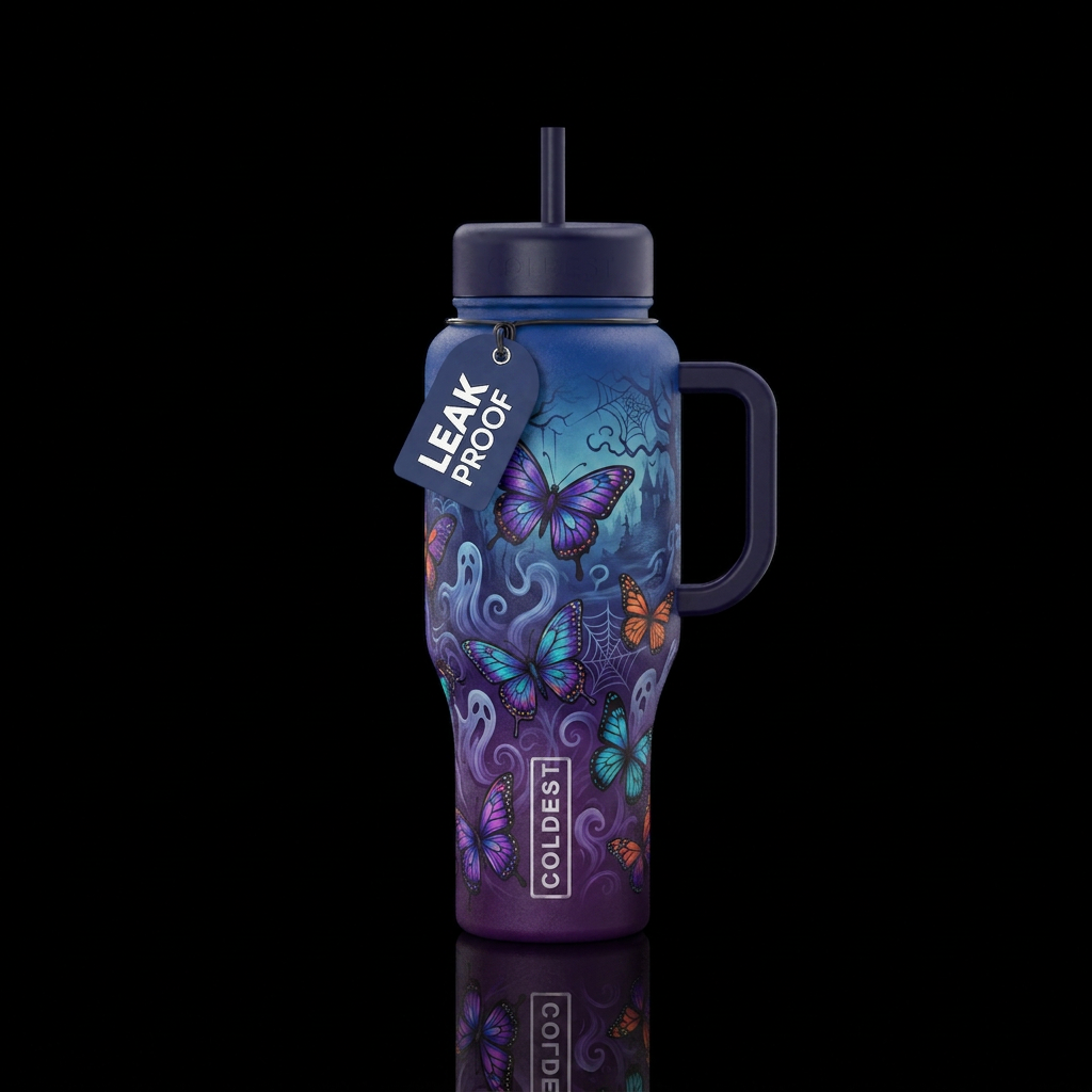ombre, butterfly, haunted water bottle design