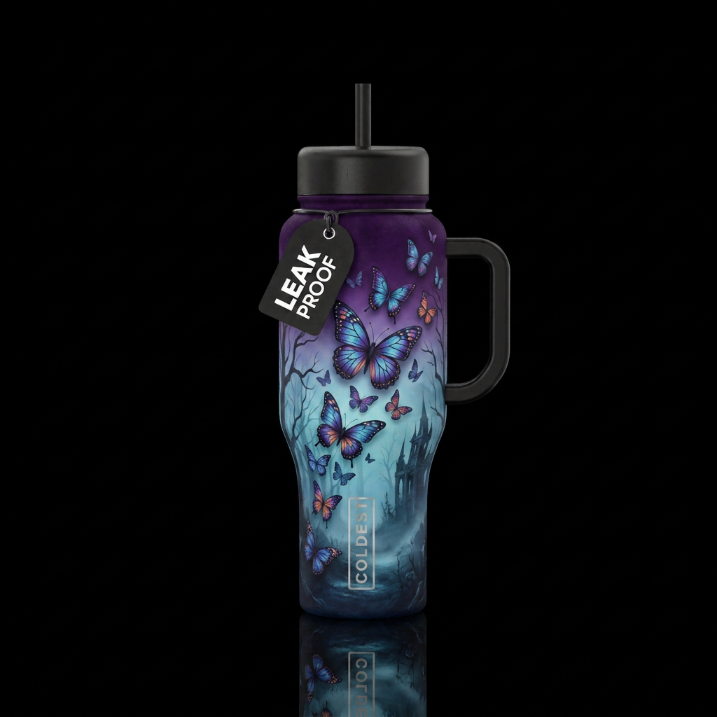 ombre, butterfly, haunted water bottle design