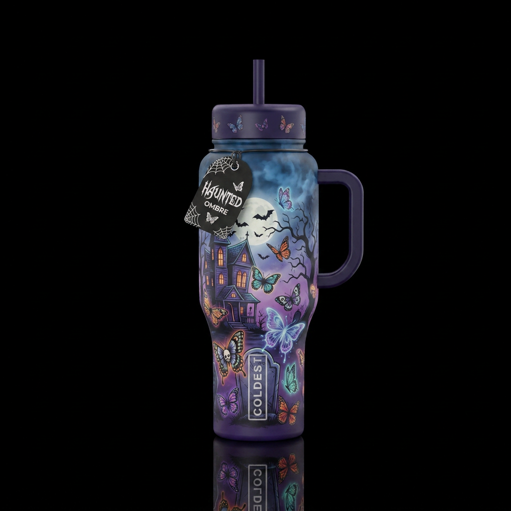 ombre, butterfly, haunted water bottle design