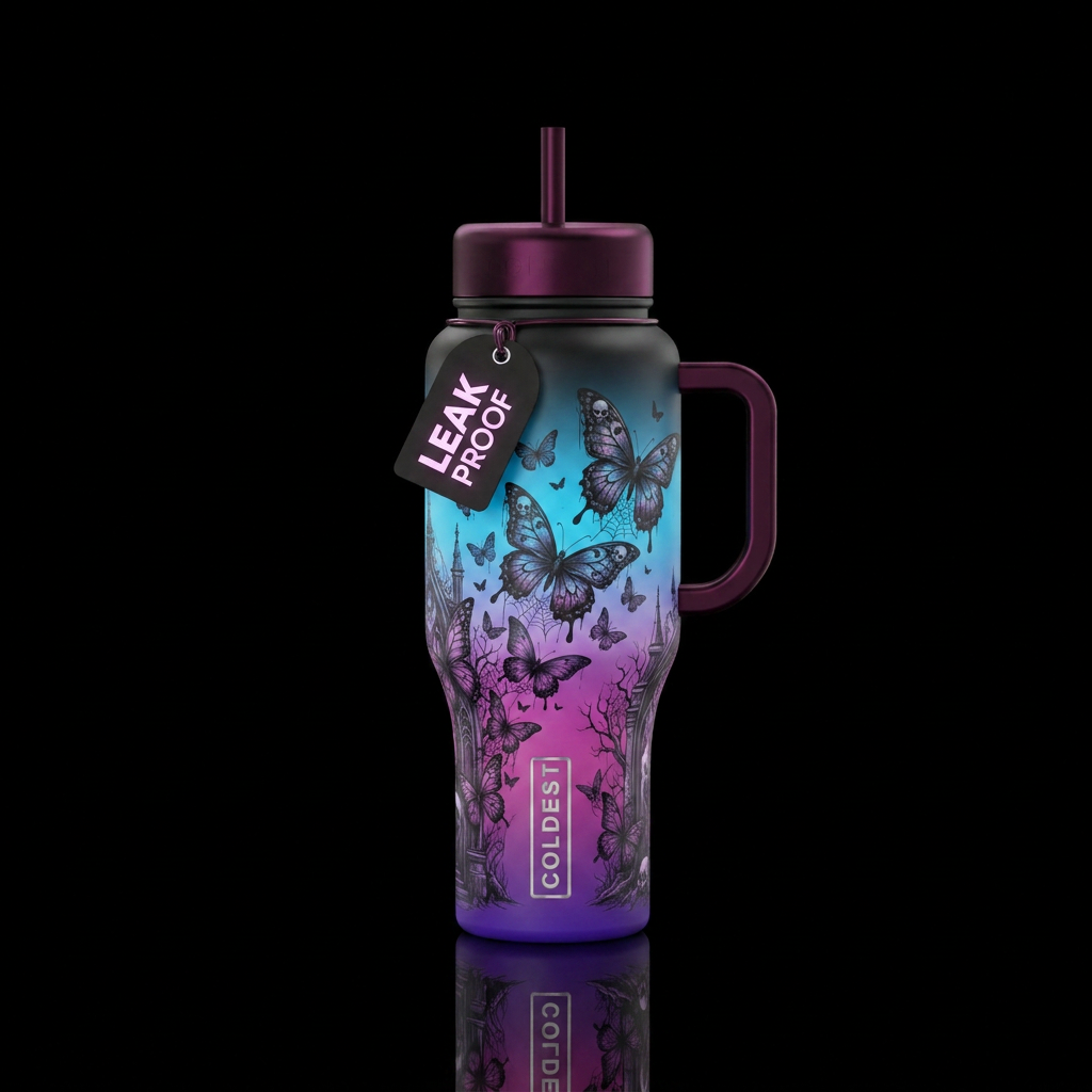 ombre, butterfly, haunted water bottle design