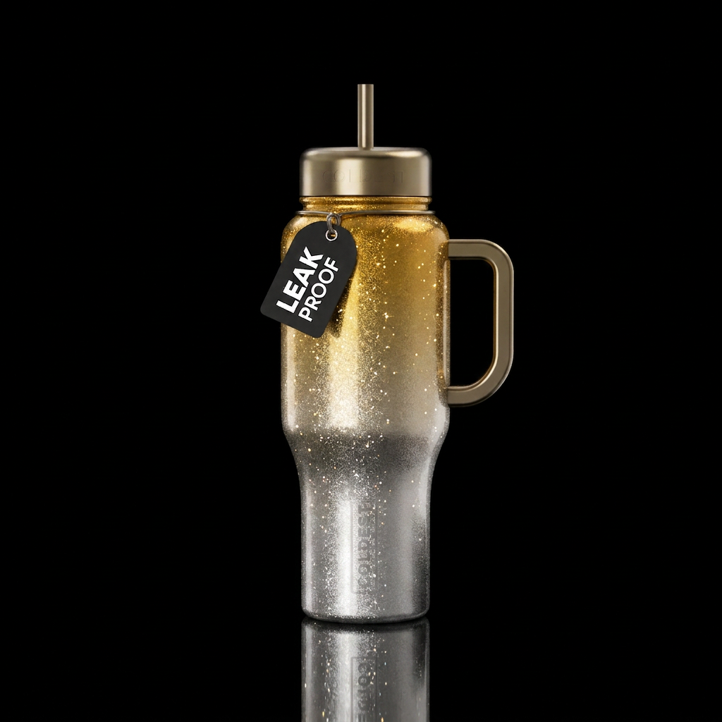 Ombre, gold, silver, firefly, sparkly, shiny water bottle design