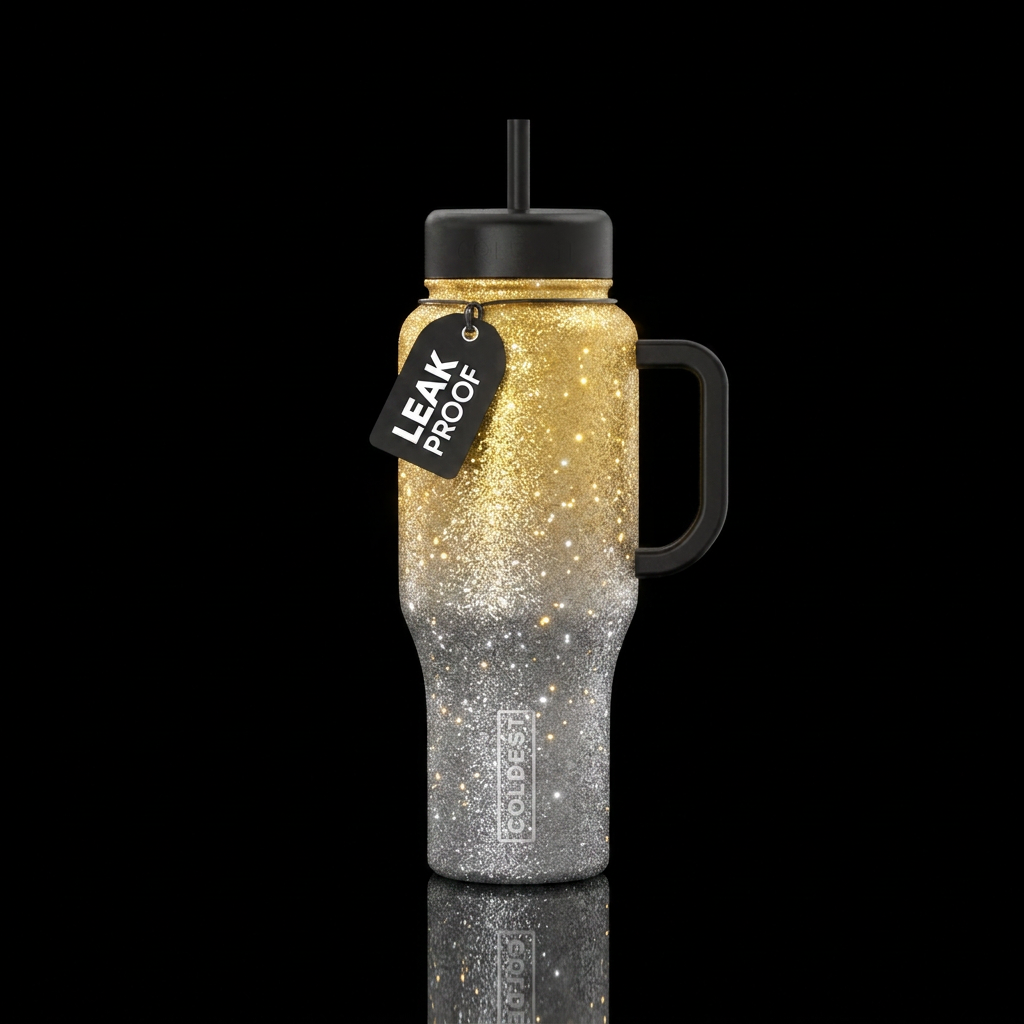 Ombre, gold, silver, firefly, sparkly, shiny water bottle design