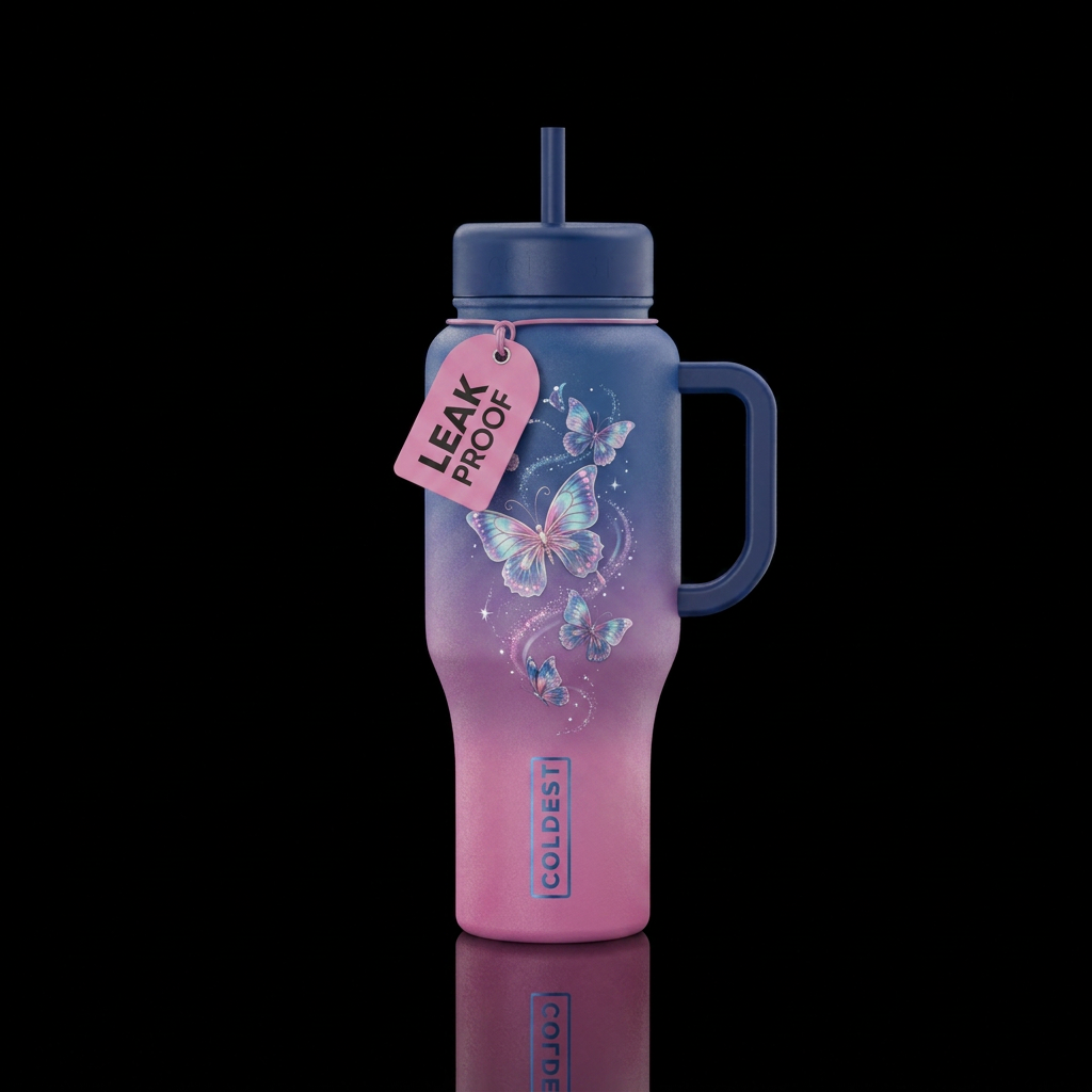 Ombre, pink and blue, magical, butterfly water bottle design