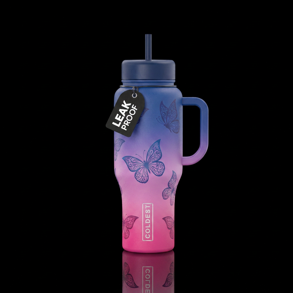 Ombre, pink and blue, magical, butterfly water bottle design