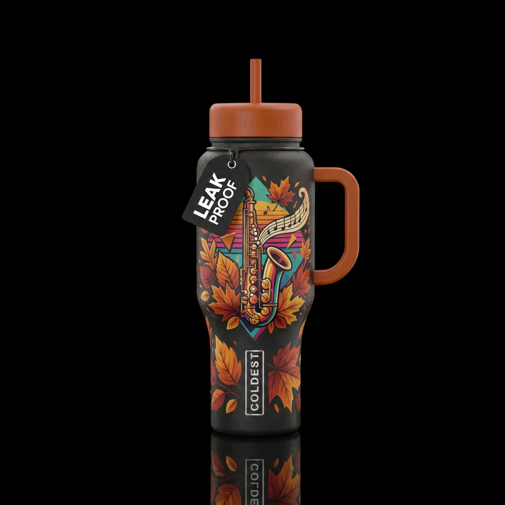 retro 80s, saxophone, autumn leaves water bottle design