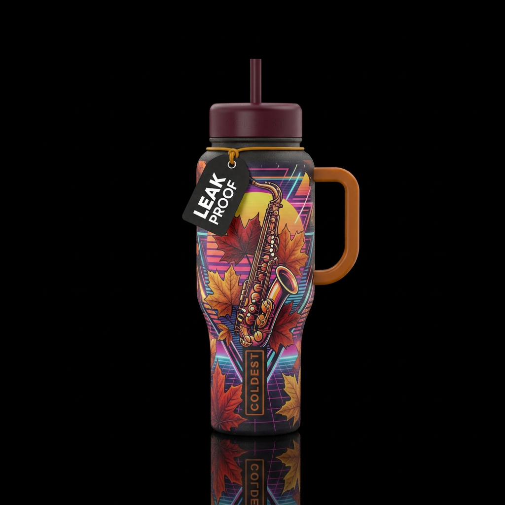 retro 80s, saxophone, autumn leaves water bottle design