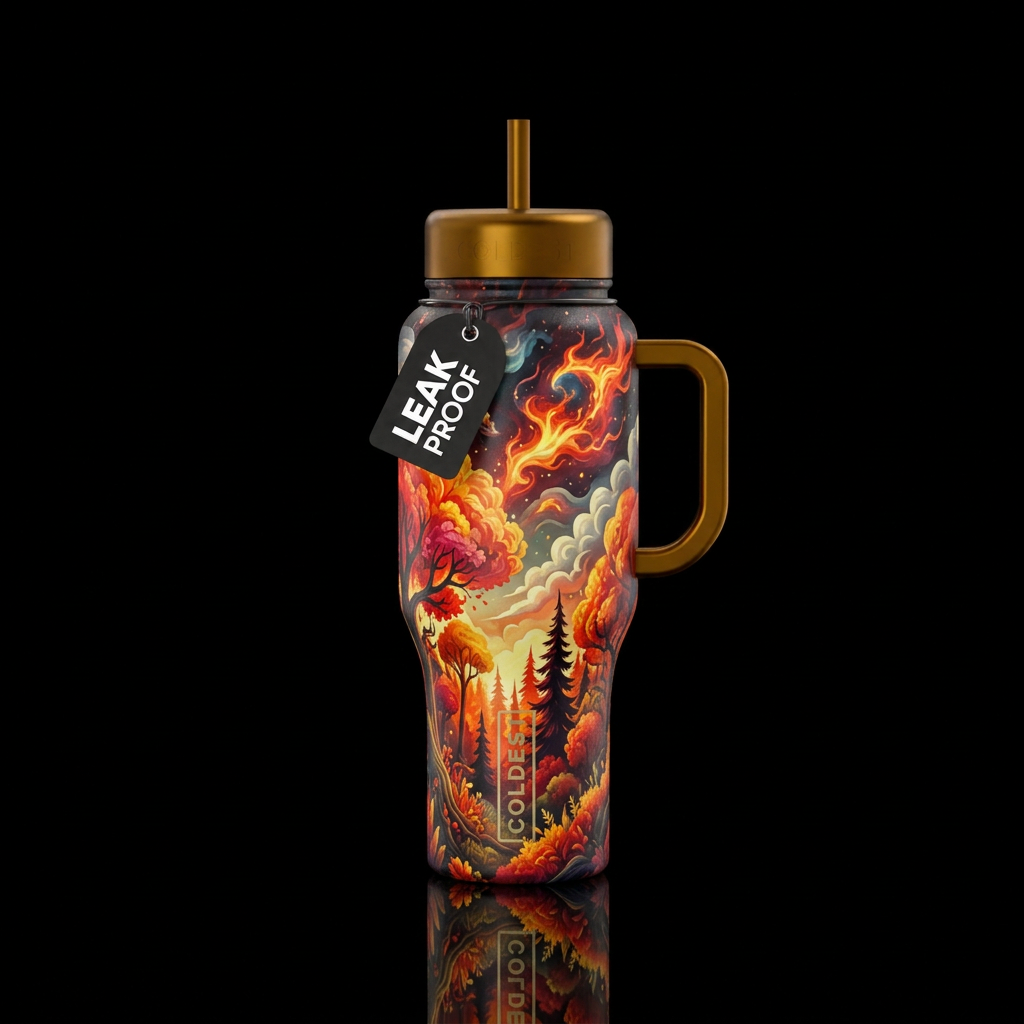 trees, whimsical, luxurious, firery, explosive, cl... water bottle design