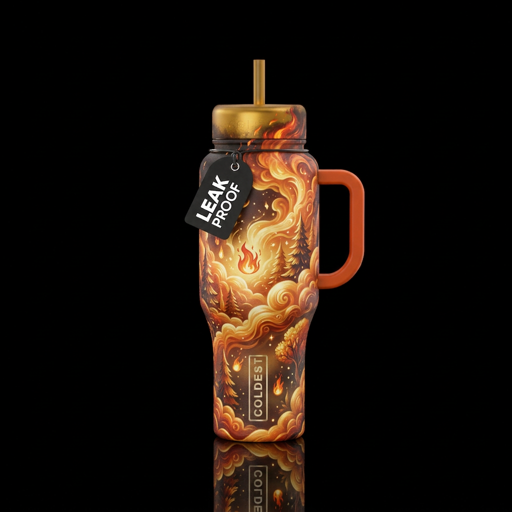 trees, whimsical, luxurious, firery, explosive, cl... water bottle design