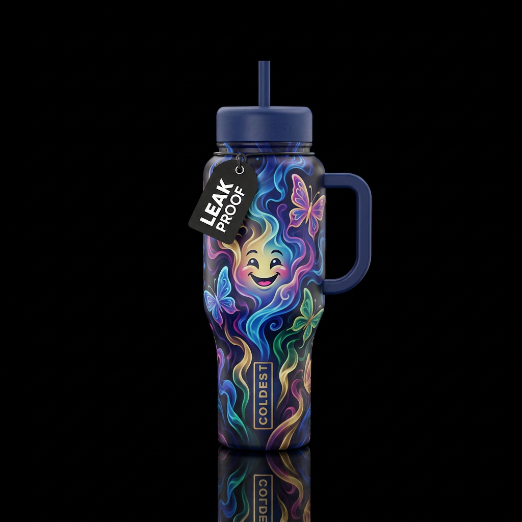 cartoon, smoke, butterfly, happy mood, luxurious, ... water bottle design