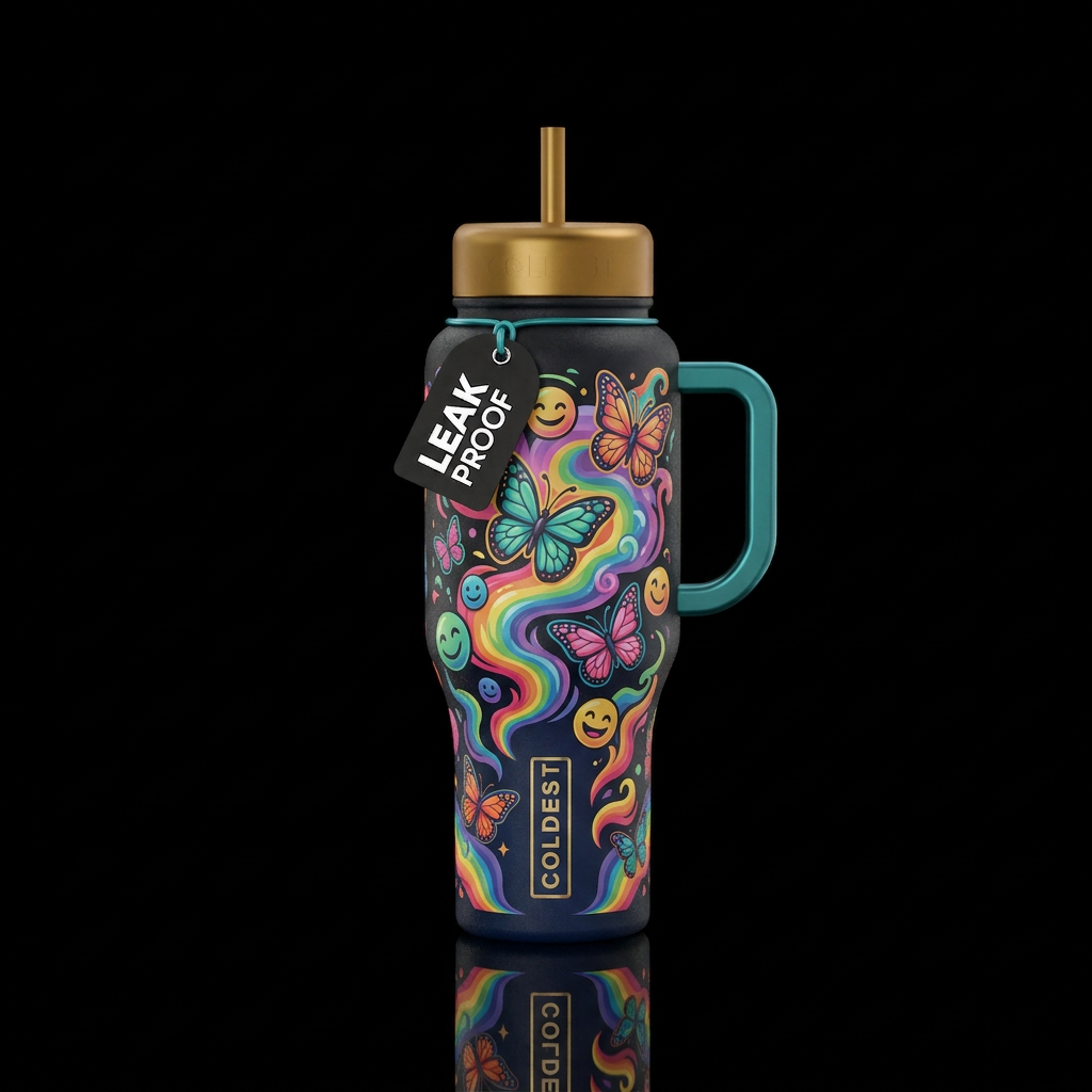 cartoon, smoke, butterfly, happy mood, luxurious, ... water bottle design