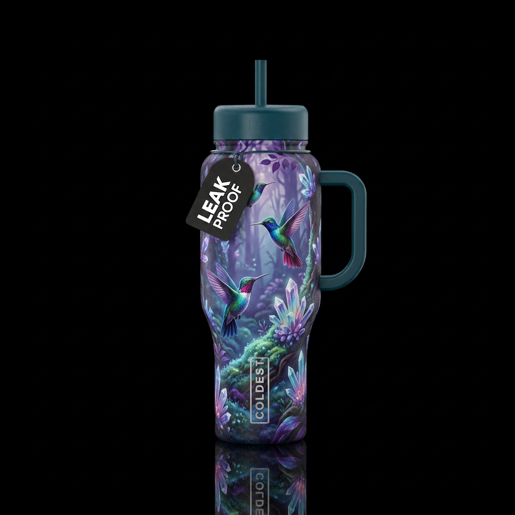 hummingbird, peaceful, dance, forest, crystal water bottle design