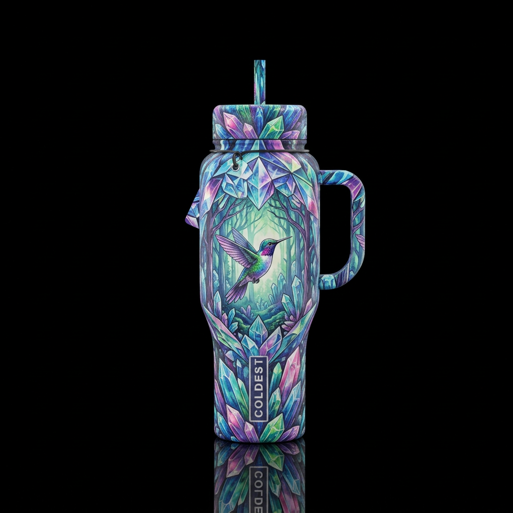 hummingbird, peaceful, dance, forest, crystal water bottle design
