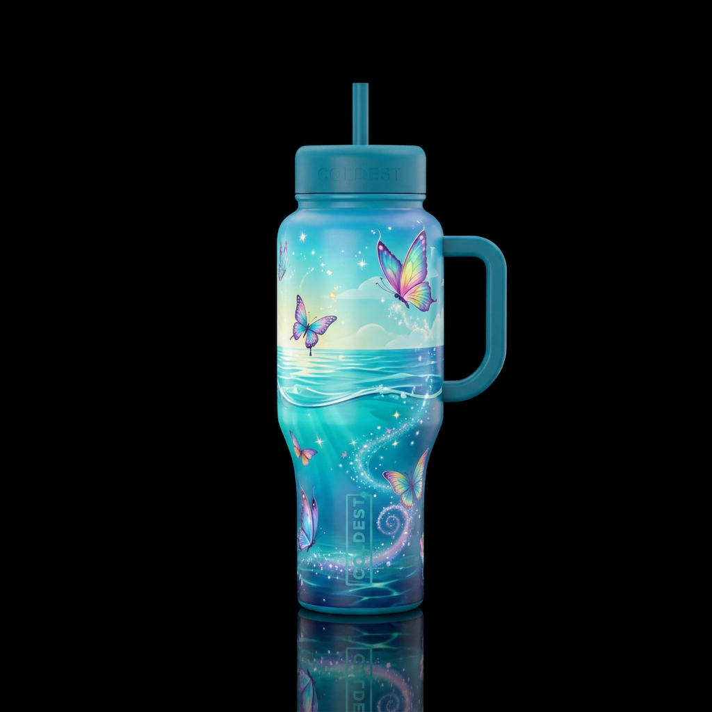 happy mood, ocean, butterfly, magic water bottle design