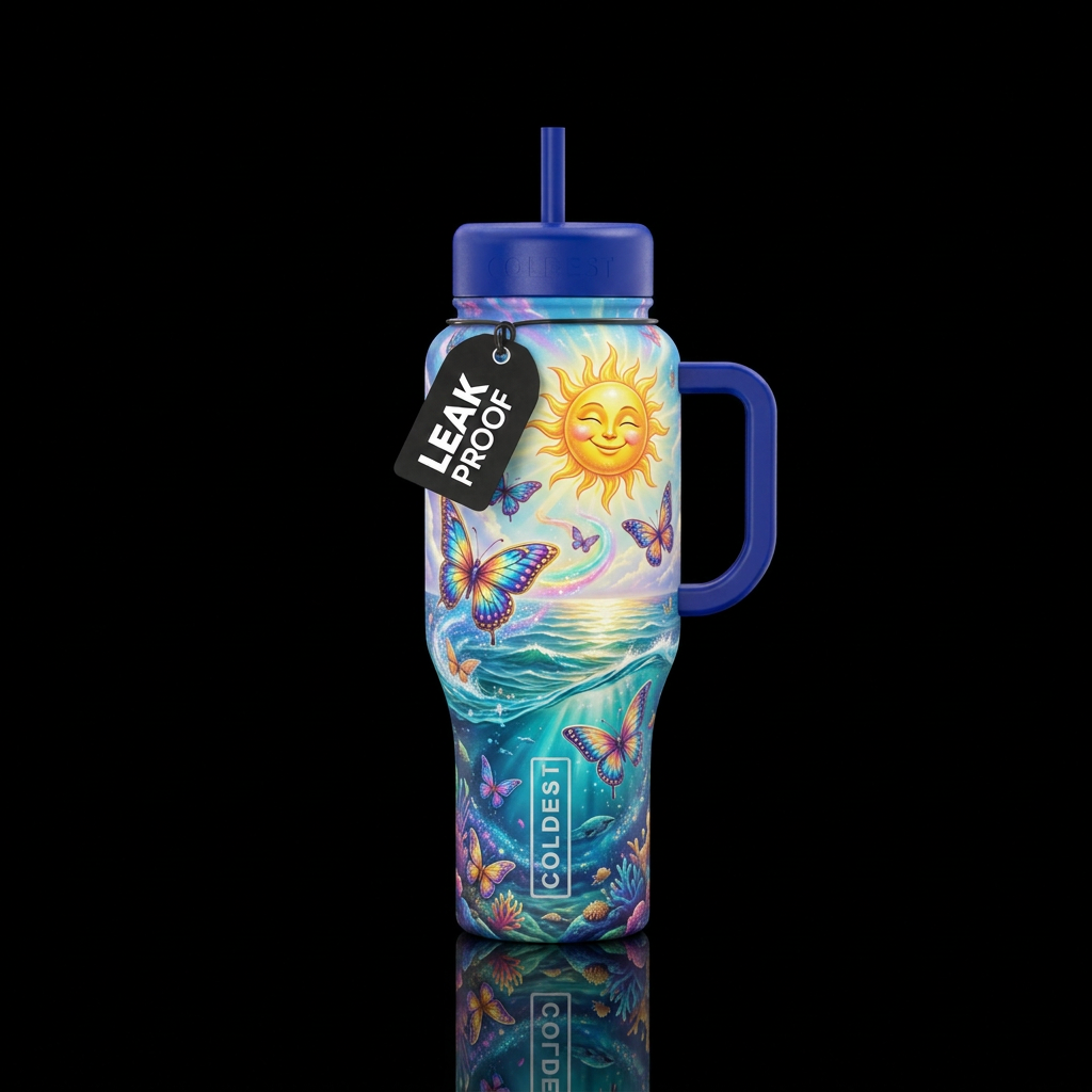 happy mood, ocean, butterfly, magic water bottle design
