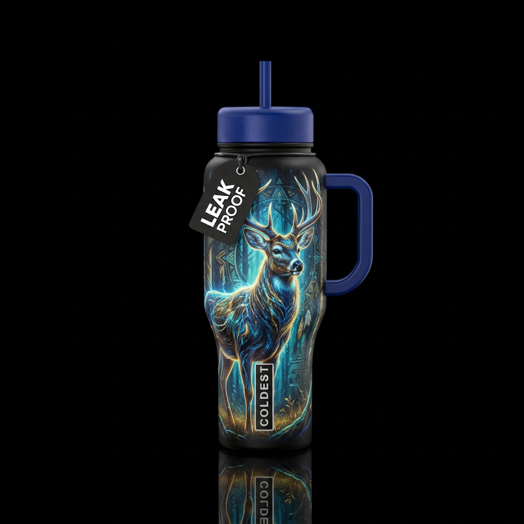 deer, native american, shiny, beautiul, realism, e... water bottle design
