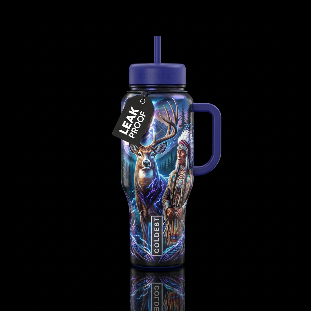 deer, native american, shiny, beautiul, realism, e... water bottle design