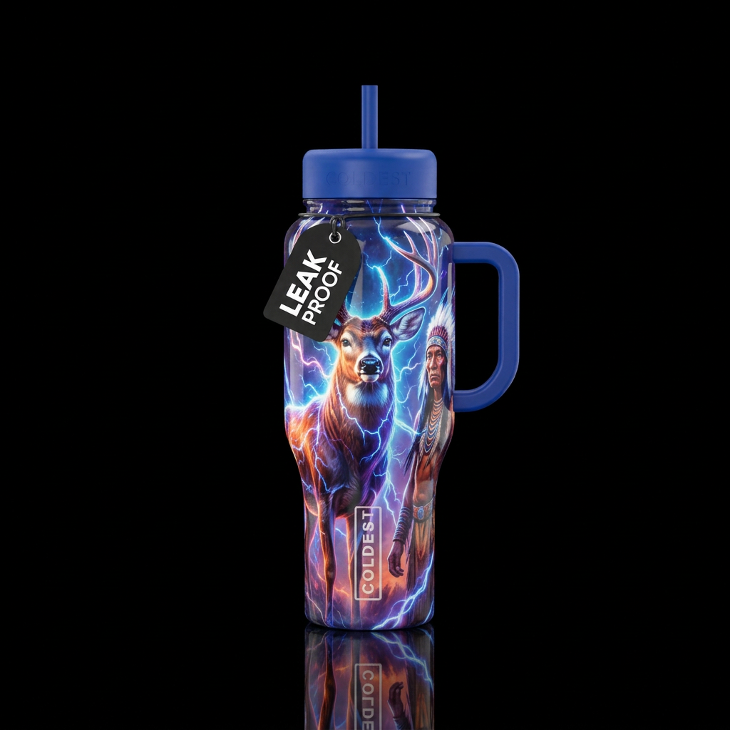 deer, native american, shiny, beautiul, realism, e... water bottle design