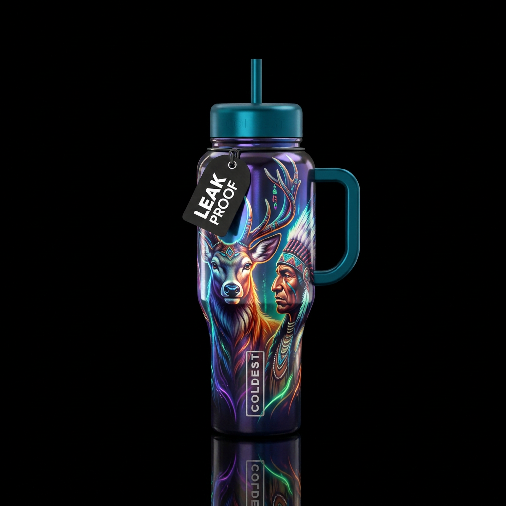 deer, native american, shiny, beautiul, realism, e... water bottle design