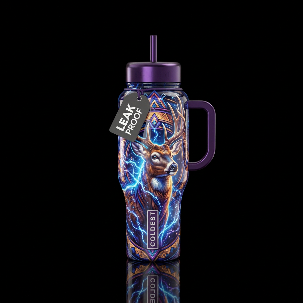 deer, native american, shiny, beautiul, realism, e... water bottle design