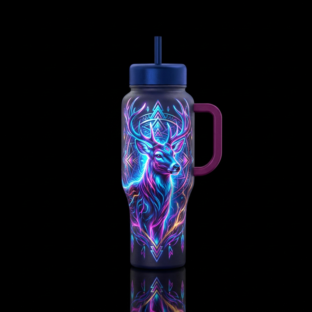 deer, native american, shiny, beautiul, realism, e... water bottle design