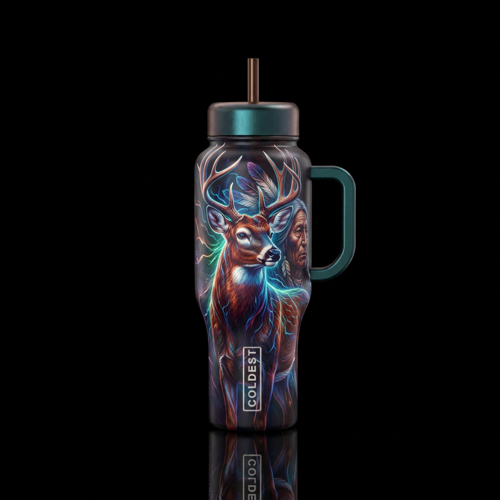 deer, native american, shiny, beautiul, realism, e... water bottle design