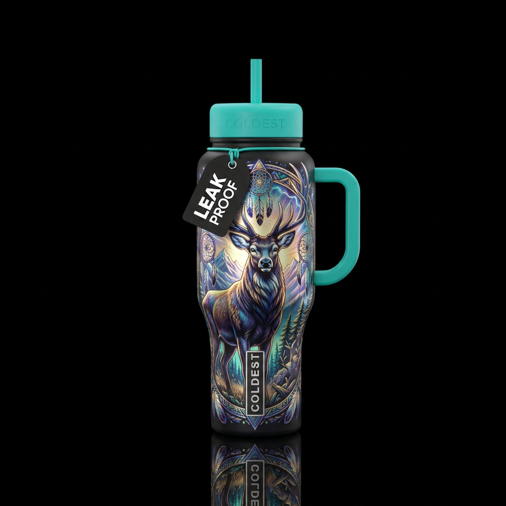 deer, native american, shiny, beautiul, realism, e... water bottle design