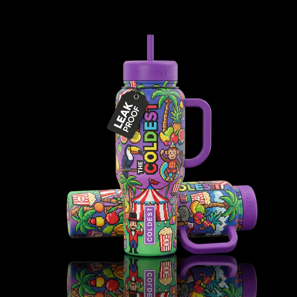 tropical, pixel game, circus water bottle design