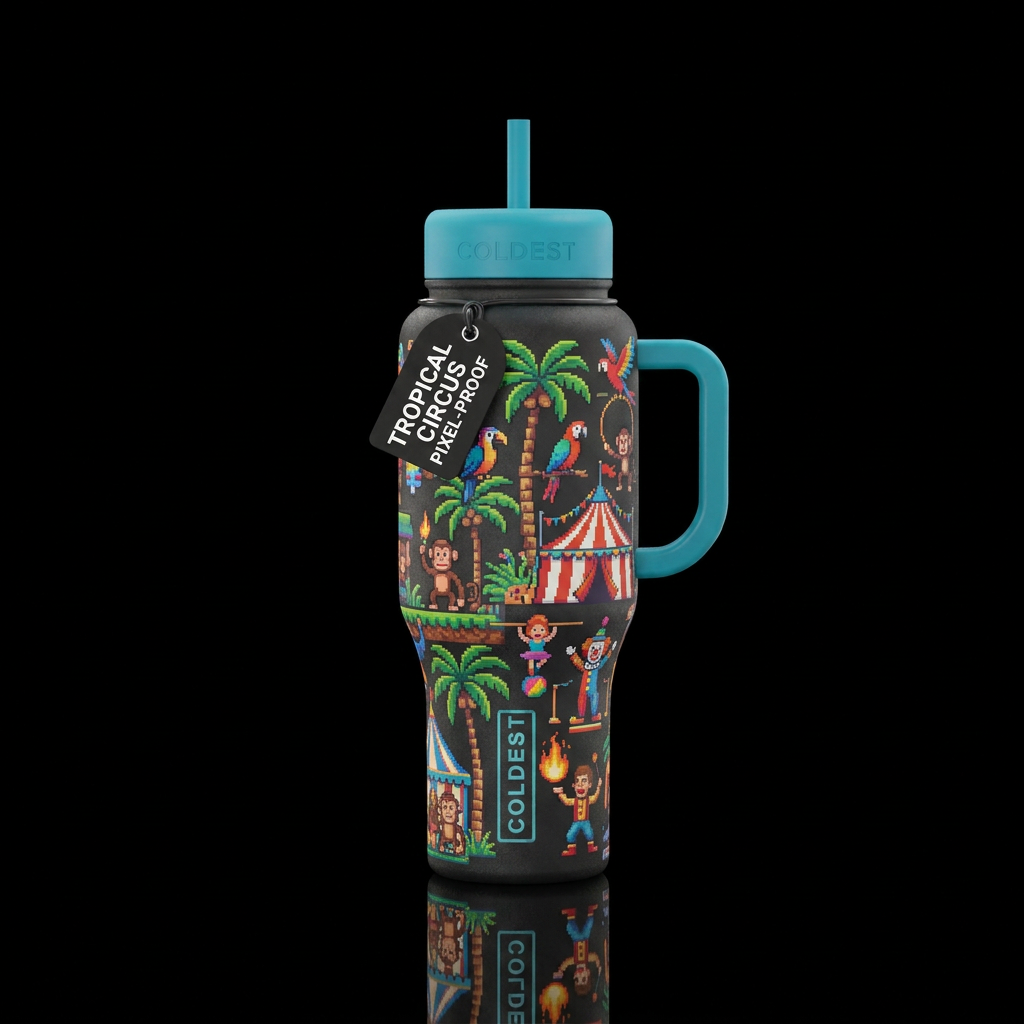 tropical, pixel game, circus water bottle design