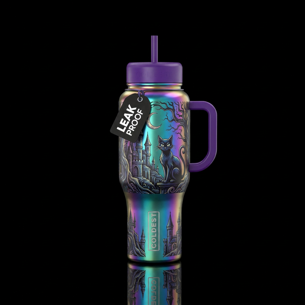irridescent, european, haunted, cat water bottle design